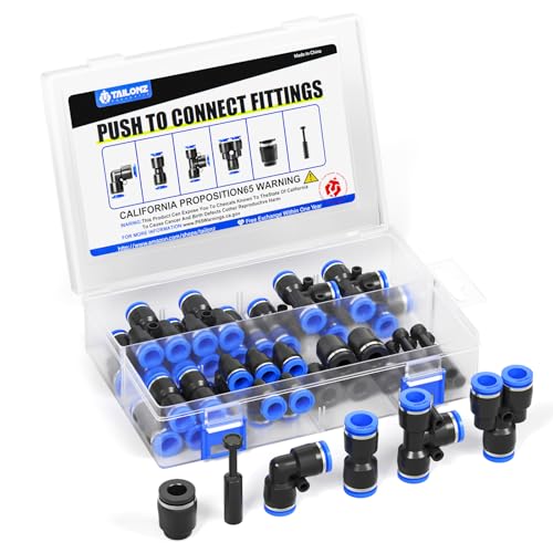 TAILONZ PNEUMATIC 1/2 Inch od Push to Connect Fittings Pneumatic Fittings Kit 5 Spliters+5 Elbows+5 tee+5 Straight+5 PPF+5 PP (30 pcs) - size: 1/2" OD