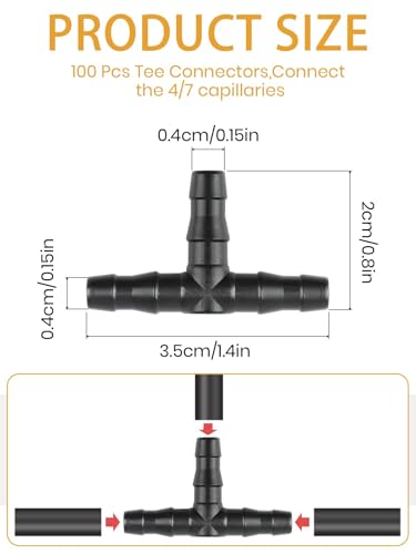 100pcs 1/4" Universal Barbed Tee Fittings, Kalolary Barbed Connectors Drip Irrigation for 1/4 Inch Water Hose Connectors 4mm/7mm Water Tube Drip Irrigation Watering System - size: 100pieces