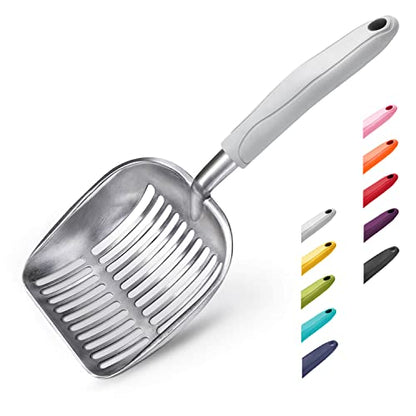 WePet Cat Litter Scoop, Aluminum Alloy Sifter, Kitty Metal Scooper, Deep Shovel, Long Handle, Poop Sifting, Kitten Pooper Lifter, Durable, Heavy Duty, for Litter Box - color: FLAT Aluminum \ #05 Grey Handle, size: Large
