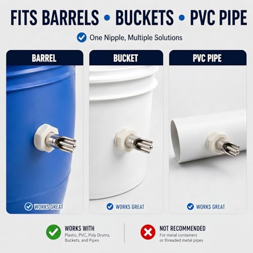 Pig Water Nipple for Barrel Watering Systems, 3-Pack Stainless Steel Bite-Activated Drinker with Brass Mounting Hardware for Swine, Goats and Livestock, Pig Waterer System Compatible