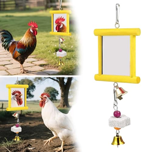 2 Pieces Chicken Mirror Toys Hanging Swing Mirror with Bell Wooden Pecking Toy and Beak Grinding Molar Stones for Roosters Hens Birds Parrots, Poultry Boredom Relief Accessories (Yellow) - color: Yellow