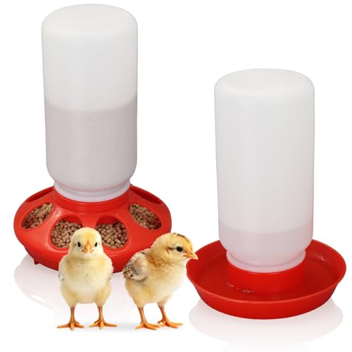 Chick Feeder and Waterer Set No Waste Automatic 1L Chicken Feeder and Waterer for Baby Chicks, Ducks, and Quail – Brooder Starter Kit (Red) - color: Red and White