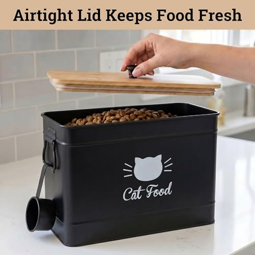 Cat Food Storage Container with Scoop - 15 lb (50 Cup) Capacity Metal Cat Food Container with Airtight Bamboo Lid & Metal Scoop - Airtight Pet Food Storage Containers - 15 lb Treats & Kibble Container - color: Black