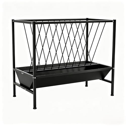 Pasture Hay Feeder 70 Gallon Heavy Duty Steel, 2-in-1 Livestock Feeder with Feed Pan, Black Powder Coated Large-Capacity Livestock Feeder for Sheep, Calf, Cow and Horse