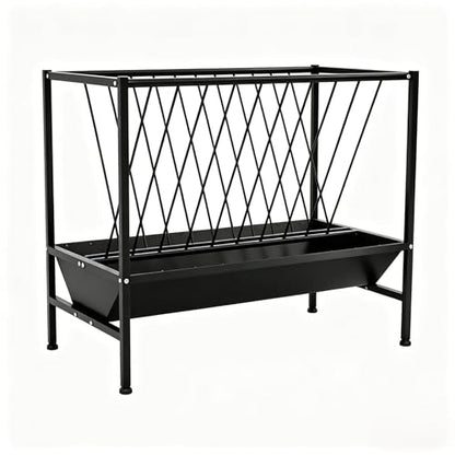 Pasture Hay Feeder 70 Gallon Heavy Duty Steel, 2-in-1 Livestock Feeder with Feed Pan, Black Powder Coated Large-Capacity Livestock Feeder for Sheep, Calf, Cow and Horse