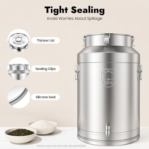 Milk Can, 20 Gallon (76L) 304 Stainless Steel Sealed Bucket with Spigot and Lid - Large Food & Beverage Dispenser Container for Water, Wine, Oil, Tea, and Dry Goods (76L) - size: 76L