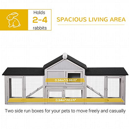 PawHut 83" L Outdoor Rabbit Hutch with Double Runs, Large Guinea Pig Cage Indoor, Wooden Bunny Hutch with Weatherproof Roof, Removable Tray, Ramps, Gray - color: Gray