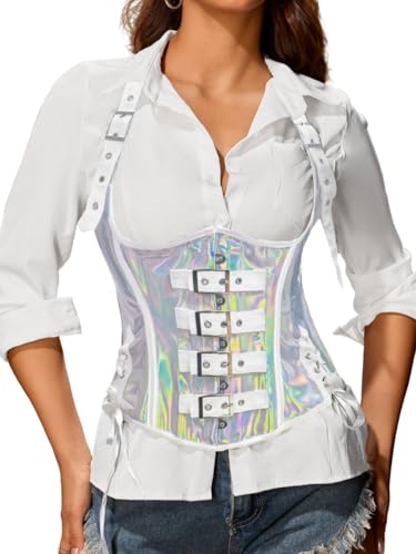 ChiaoLezhee Halter Buckle Underbust Corset with Straps, Lace-Up Waist Cincher Belt Boned, Rave Concert Club Tops For Women - color: Silver Holographic, size: 6-8