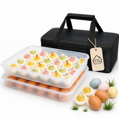 77L Deviled Egg Containers with Lid, Set of 2 Plastic Egg Holder for Refrigerator Holds 48 Eggs, Clear Stackable Deviled Egg Carrier Tray with Portable Insulated Bag for Party, Picnic, Fridge Storage - color: White, size: 48 Eggs