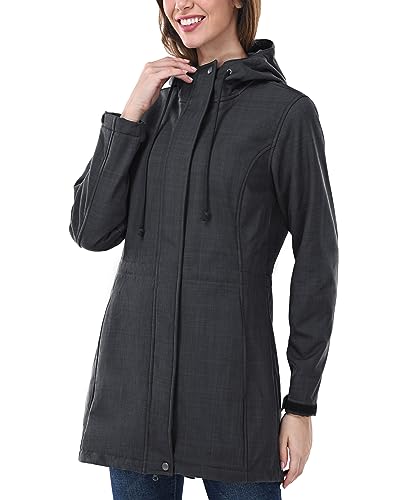Outdoor Ventures Women's Lightweight Waterproof Fleece Lined Hooded Softshell Rain Jacket, Warm Windbreaker Long Coat - color: Dark Grey-check, size: X-Large