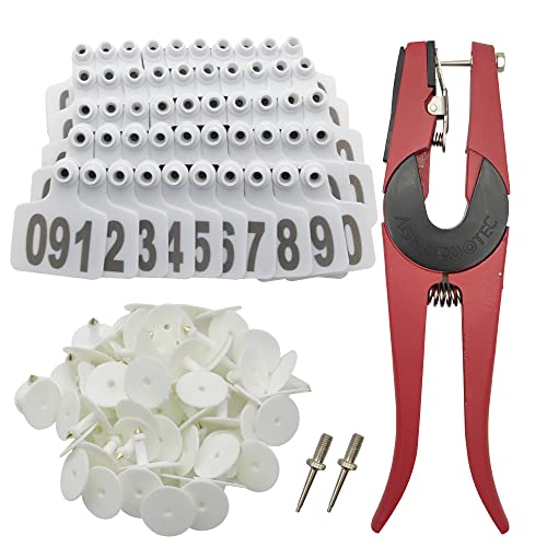 Cattle Ear Tags 001-100 Number Plastic Livestock Animal Tag for Cows Ear Tag Applicator Kit (001-100, White) - color: White