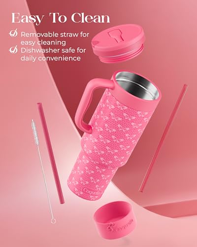 40 oz Insulated Tumbler with Handle and Push-Button Straw Lid, Stainless Steel Travel Cup for Gym Office, Leakproof, BPA-Free, Cup Holder Friendly, Bow Silicone Boot, Pink (Coquette Fuchsia) - color: Coquette Fuchsia