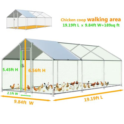 Large Metal Chicken Coop, Chicken Runs for Yard with Cover Walk-in Poultry Cage for 10 20 Chickens, Chicken Pen Duck Coop Hen House with Water-Resident Top and Feeding Door 19.2Lx9.84Wx6.6H FT - size: 230.0"L x 118.0"W x 79.2"H