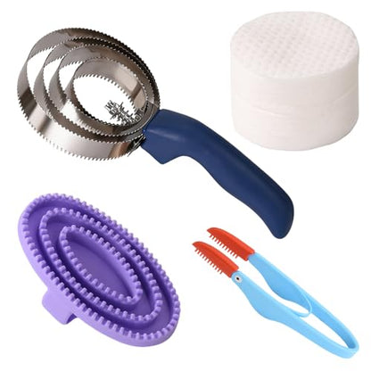 Curry Comb Kit, 4 Ring Curry Comb, Rubber Brush, Tear Stain Wipe Brush Set for Horses, Dogs, Goats, Cattle, Cow, Cleaning Supplies
