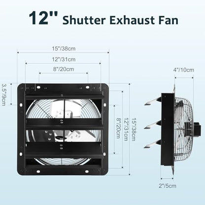 Xcity 12 inch Shutter Exhaust Fan, Wall Mounted Fan High Velocity 1500 CFM, 1600 RPM, Auto Aluminum Attic Vent Fan, Low Noise for Garage,Warehouse, Commercial, Greenhouse Ventilation Cooling - size: 12 Inch-B