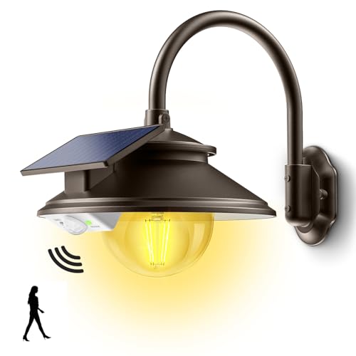 SIEDiNLAR Solar Barn Light Outdoor 3 Modes 2 Lighting, Garage Shed Light Farmhouse Gooseneck Wall Light Waterproof with Remote/Motion Sensor for Barn Garage Shed Chicken Coop Dark Bronze (1 Pack) - color: Dark Bronze, size: 1 Pack