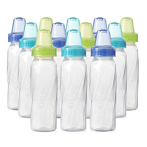 Evenflo Feeding Classic Clear Plastic Standard Neck Bottles for Baby, Infant and Newborn - Teal/Green/Blue, 8 Ounce (Pack of 12) - color: Teal / Green / Blue, size: 1 Count (Pack of 12)