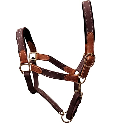 Vibrania Padded Leather Pony Horse Halter in Two Tone Super Soft Premium Distressed Leather with Solid Brass Hardware (Pony Size, Brown) - color: Brown, size: Pony Size