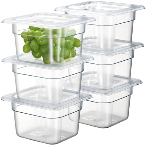 CURTA 6-Pack 1/6 Size 4" Deep NSF Polycarbonate Food Pans with Handled Lids & Drain Trays | Dishwasher & Freezer Safe Clear Container for Prep Tables, Buffet, Salad Bar, Commercial & Home Kitchen - color: 1/6 Size, size: 4" Deep Pan with Lid