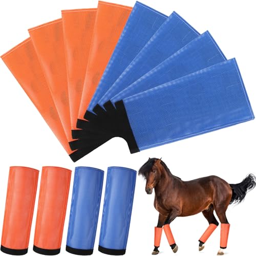 Set of 8 Mesh Fly Boots for Horse Breathable Mesh Horse Boots Protective Loose Wraps Adjustable for Preventing Legs Reduces Flies and Mosquitoes Bites(Blue, Orange,L) - color: Blue, Orange, size: L