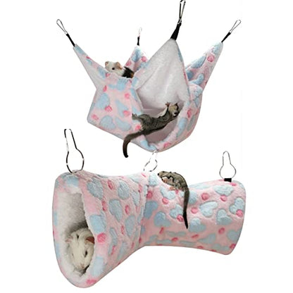 LEFTSTARER Guinea Pig Ferret Rat Hammock Toy Set - Small Animal Cage Accessories Hideout Tunnel & Bunkbed for Rat Ferret Guinea Pig Hamster Sugar Glider Chinchilla (Heart-Pink) - color: Hammock set Heart-Pink