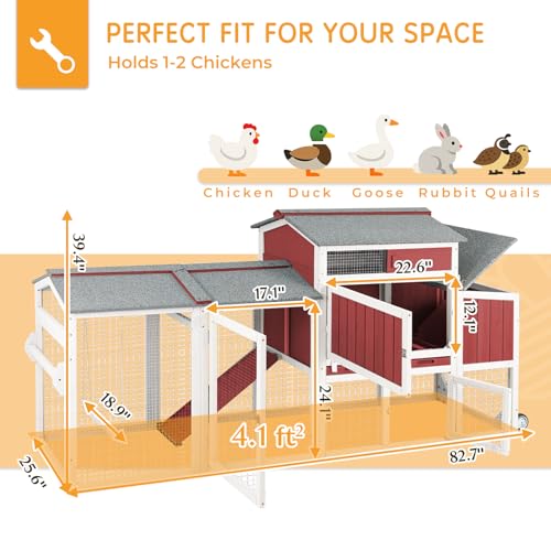 Chicken Coop with Run, Weatherproof Mobile Chicken Tractor Hen House with Wheels, Nesting Box, Roosting Bars, Pull-Out Tray, Asphalt Waterproof Roof & Fun Swing for Chickens Quails Red - color: Red