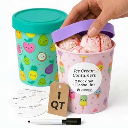 StarPack Freeze The Day Homemade Ice Cream Containers (2-Pack, 1 Quart) - Airtight Silicone Lids, BPA-Free Reusable Ice Cream Freezer Containers with Lids, Stackable, Kawaii Pink & Green - color: Kawaii Pink & Green, size: 2-Pack 1Qt