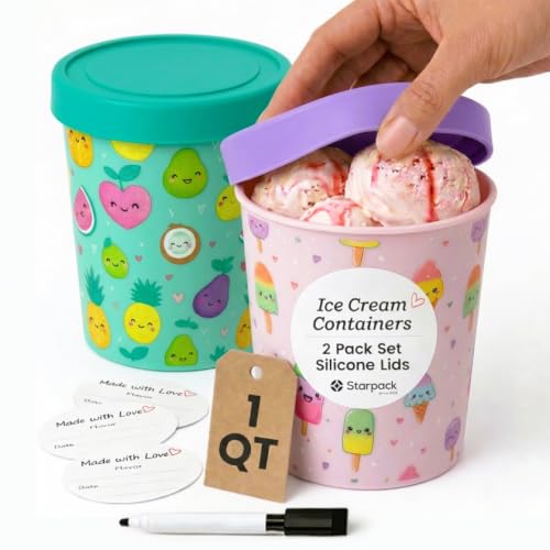 StarPack Freeze The Day Homemade Ice Cream Containers (2-Pack, 1 Quart) - Airtight Silicone Lids, BPA-Free Reusable Ice Cream Freezer Containers with Lids, Stackable, Kawaii Pink & Green - color: Kawaii Pink & Green, size: 2-Pack 1Qt