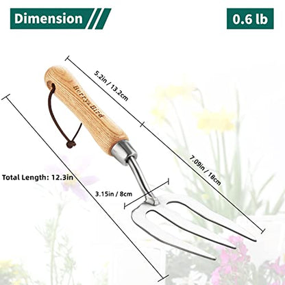 Berry&Bird Gardening Hand Fork, Stainless Steel Hand Weed Fork, Traditional Garden Hand Fork Tool with Ergonomic Ash Wood Handle for Weeding, Digging, Planting and Cultivating - size: 14.1inch