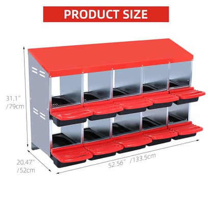 Chicken Nesting Box 10-Compartment – Roll Away Laying Boxes for Hens with Lid Cover & Egg Protection – Heavy Duty Red Poultry Nest Box