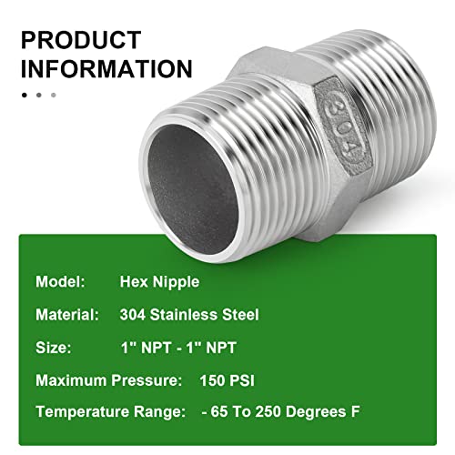 TAISHER 5PCS Cast 304 Stainless Steel Hex Nipple, Pipe Fitting 1-Inch Male Pipe x 1-Inch Male Pipe - size: 1" NPT