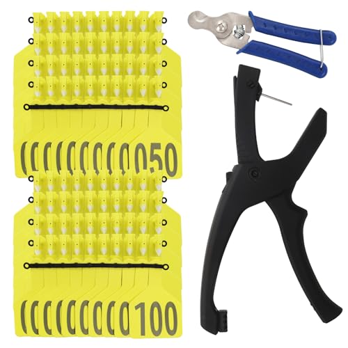 100Pcs Z Tags One-Piece Cattle Ear Tags TPU Blank Livestock Animal Identification with Professional Animal Ear tag applicator for Cattle,Sheep Goat, Pig (Yellow, 001-100) - color: Yellow, size: 001-100