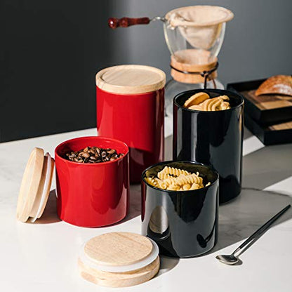 Sweejar Kitchen Canisters Ceramic Food Storage Jar, Stackable Containers with Airtight Seal Wooden Lid for Serving Ground Coffee, Tea, Sugar, Salt and More - 16 Fl Oz (Black) - color: Black, style: 16 Fl Oz (4.1"x4.4")