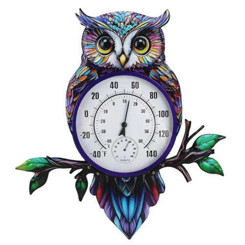 22" Outdoor Thermometer, Large Metal Indoor Wall Thermometer, Printed Owl Outside Thermometer with Large Number for Patio Home Room Decor - color: Multi Owl