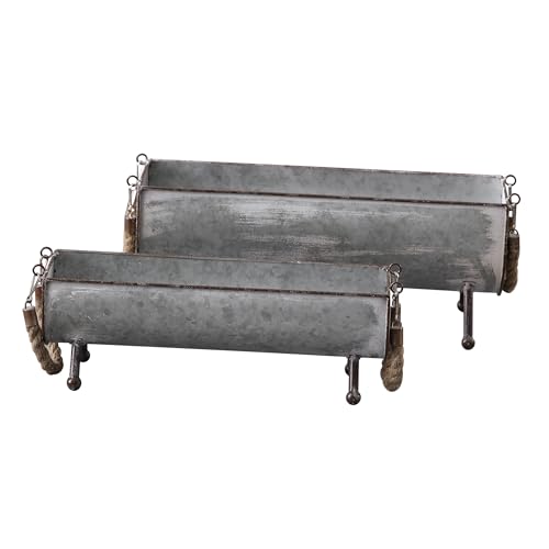 SOFE Poultry Feeder Galvanized Metal Chicken Feeder Set of 2, Farmhouse Chicken Picnic Table Feeder, Chicken Planter, Decorative Galvanized Tray Trough Shaped, 15 and 13 Inches Long