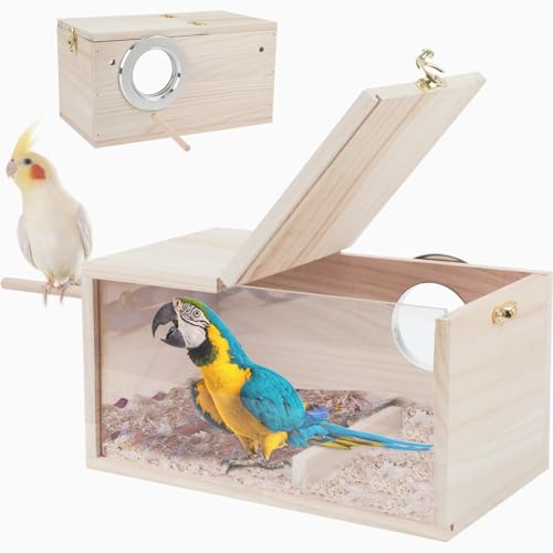 Rypet Parakeet Nesting Box Transparent Design, Thwartwise Bird Nest Breeding Box with Perch Wood Bird Cage House for Cockatiel Lovebirds Budgie Finch Parrotlets Canary XL - size: X-Large