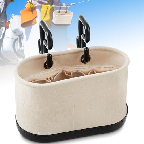 Vesici 1 Set Canvas Bucket Bag Including Hooks Aerial Oval Tool Bucket with Black Polypropylene Bottom 15 Pockets Lineman Tool Bag Organizer for Industrial Maintenance Construction Sites (White) - color: White