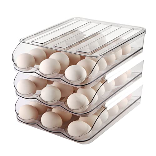MesRosa Egg Holder for Fridge,Automatically Rolling Egg Storage Container for Refrigerator,Egg Organizer for Fridge with Lid,Clear Plastic Dispenser, Tray & Box -3 Layer - size: 3 Layers Holder 54 Eggs