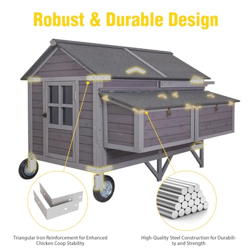 Aivituvin Chicken Coop Mobile Outdoor Hen House with Large Wheels Durable Wooden Poultry Cage with 2 Nesting Box for 3-8 Chickens 68.1’’ (68.11'' × 53.94'' × 49.02'') - size: 68.11"L x 53.94"W x 49.02"H