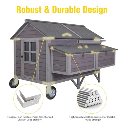 Aivituvin Chicken Coop Mobile Outdoor Hen House with Large Wheels Durable Wooden Poultry Cage with 2 Nesting Box for 3-8 Chickens 68.1’’ (68.11'' × 53.94'' × 49.02'') - size: 68.11"L x 53.94"W x 49.02"H