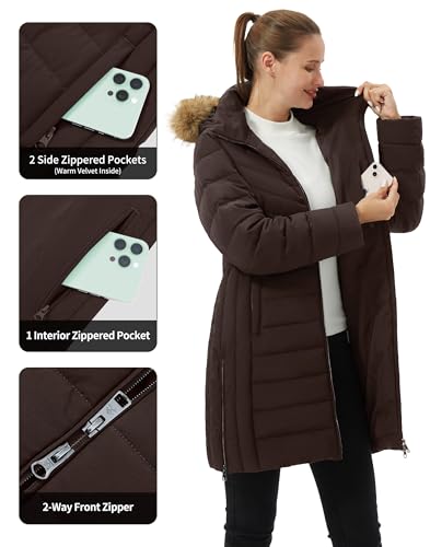 Pioneer Camp Women's Winter Coats Warm Thicken Long Puffer Jacket Waterproof Quilted Parka with Removable Faux Fur Hood - color: Coffee Brown, size: XX-Large