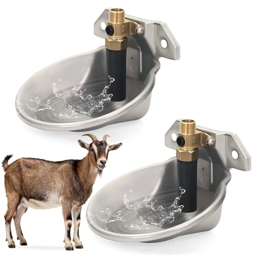 Stainless Steel Automatic Goat Waterer Livestock Sheep Water Bowl with Copper Valve and Drain Hole, Automatic Drinking Trough for Goat Sheep Calf Pig Dog (2pcs)