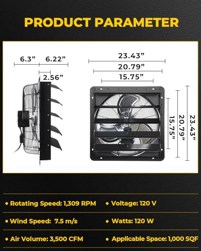 VENTISOL 20 Inch Shutter Exhaust Fan Wall Mounted, 3500CFM Exhaust Fan with Pre-Installed 1.65m Power Cord, Ventilation fan for Greenhouse, Garages, Attic, Shops, Chicken Coop, Black - size: 20 Inch
