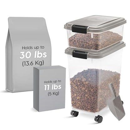 IRIS USA 30 lbs & 11 lbs Combo Airtight Dog Food Storage Container, Stackable Treat Box, 2-Cup Scoop, Wheels, Keep Fresh, Easy Mobility, Chrome - color: Chrome