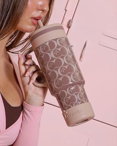 40 oz Insulated Tumbler with Handle and Push-Button Straw Lid, Stainless Steel Travel Cup for Gym Office, Leakproof, BPA-Free, Cup Holder Friendly, Bow Silicone Boot, Brown (C’ Espresso) - color: C’ Espresso