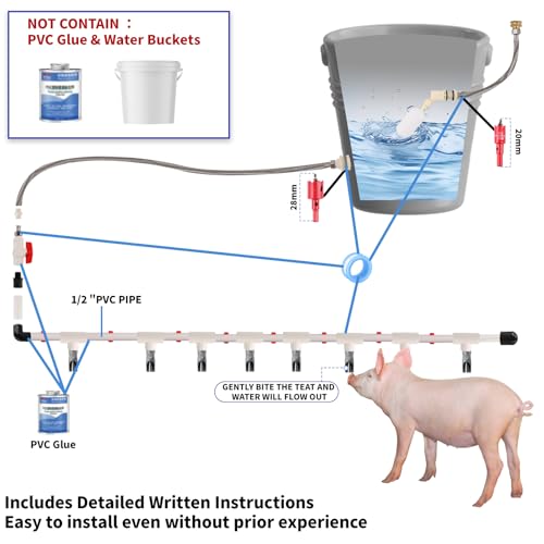 8PCS Pig Water Nipples Kit, Kalolary Automatic Pig Nipple Drinkers Kit Pig Waterer Set for Barrel Piggy Waterer System with PVC Pipeline, Float Valve and Stainless Still Hose