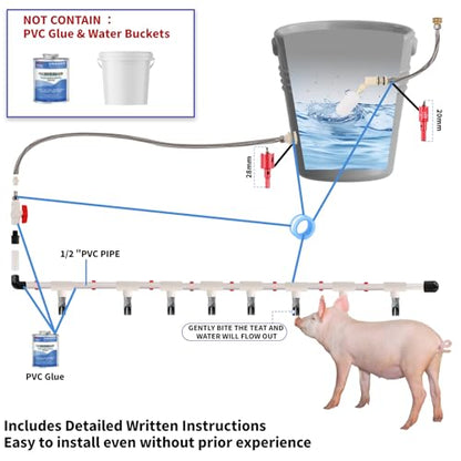 8PCS Pig Water Nipples Kit, Kalolary Automatic Pig Nipple Drinkers Kit Pig Waterer Set for Barrel Piggy Waterer System with PVC Pipeline, Float Valve and Stainless Still Hose