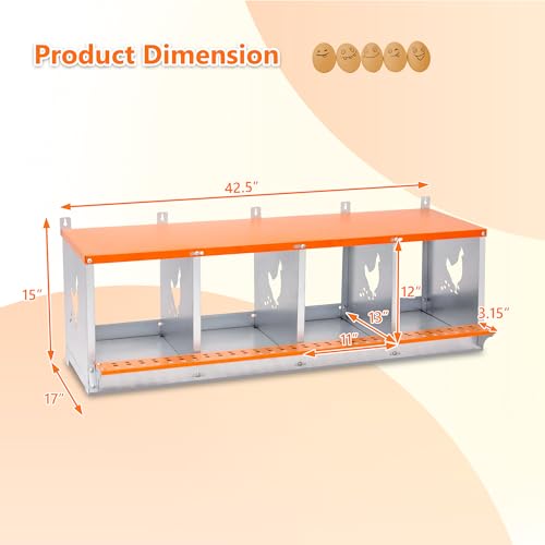 Galvanized Steel Chicken Nesting Box 4 Bay Wall Mounted Predator Proof for Hens and Ducks Easy Egg Collection Vented Design Easy Assemble Orange Coop Equipment (4 Compartment) - size: 42.5"L x 17.0"W x 15.0"H