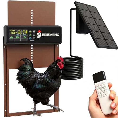Automatic Chicken Coop Door Solar Powered with HD Screen, Timer & Light Sensor, 5 Modes, Aluminum Alloy, Remote Control Up to 70M - color: Brown