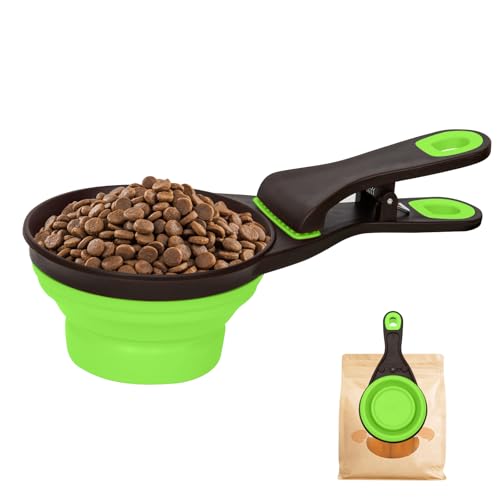 Collapsible Silicone Dog Food Scoop Foldable Pet Food Measuring Cup with Bag Clip 3 in 1 Multi-Function Silicone Dog Food Scooper (Green, Medium) - color: Green, size: Medium